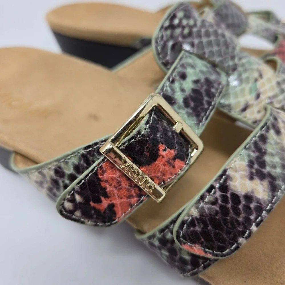 Vionic  9 Snakeskin Print Wedge Sandals Multi Color Comfort‎ Adjustable Straps
